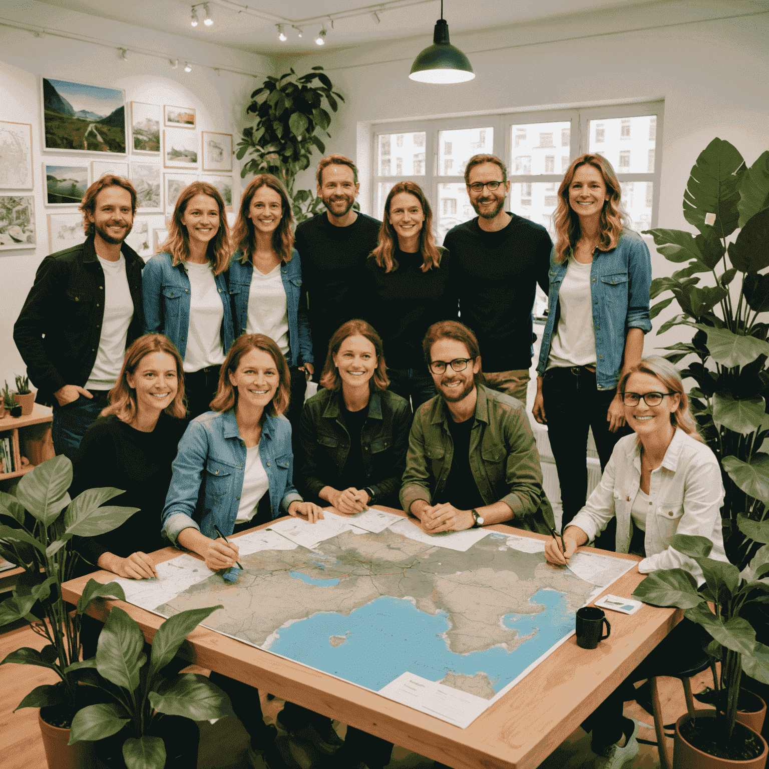 Our team of diverse travel enthusiasts gathered in our eco-friendly Berlin office, surrounded by maps, plants, and sustainable travel gear. The image showcases our commitment to environmental consciousness and global exploration.