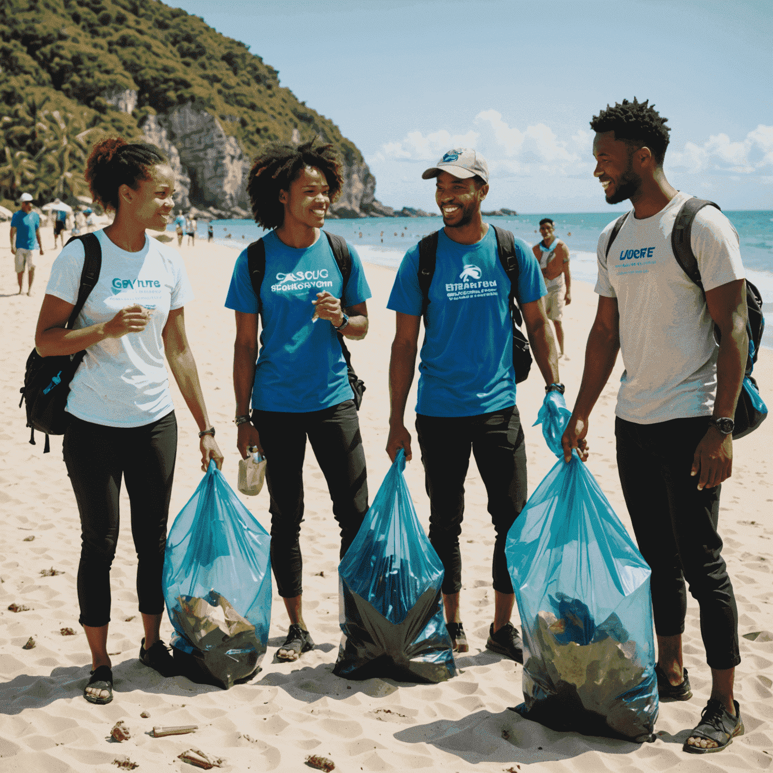 A group of diverse travelers engaging in a beach clean-up activity, showcasing conscious tourism in action