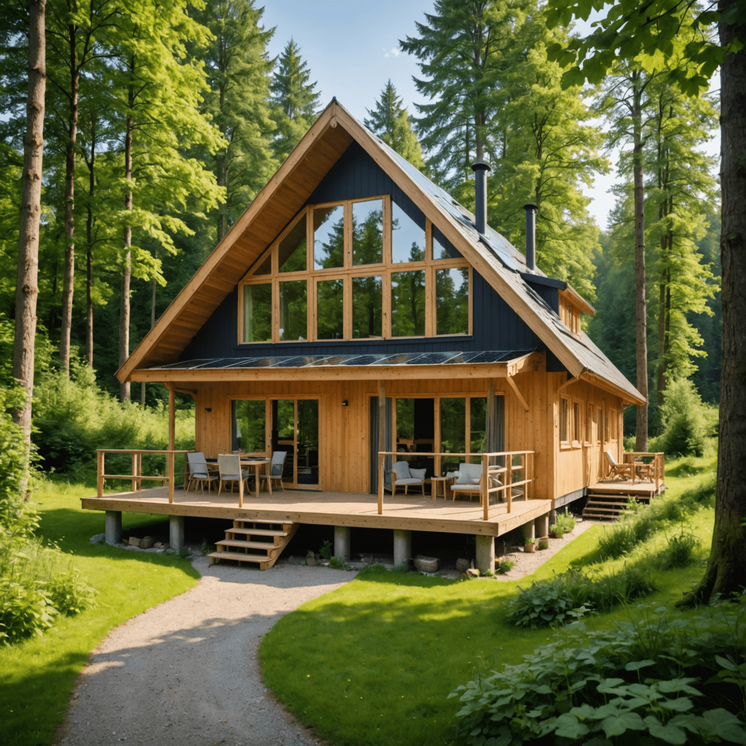 Various sustainable accommodations in Germany, including a modern eco-hotel with solar panels, a cozy wooden eco-lodge in a forest, and a charming green B&B with a lush garden