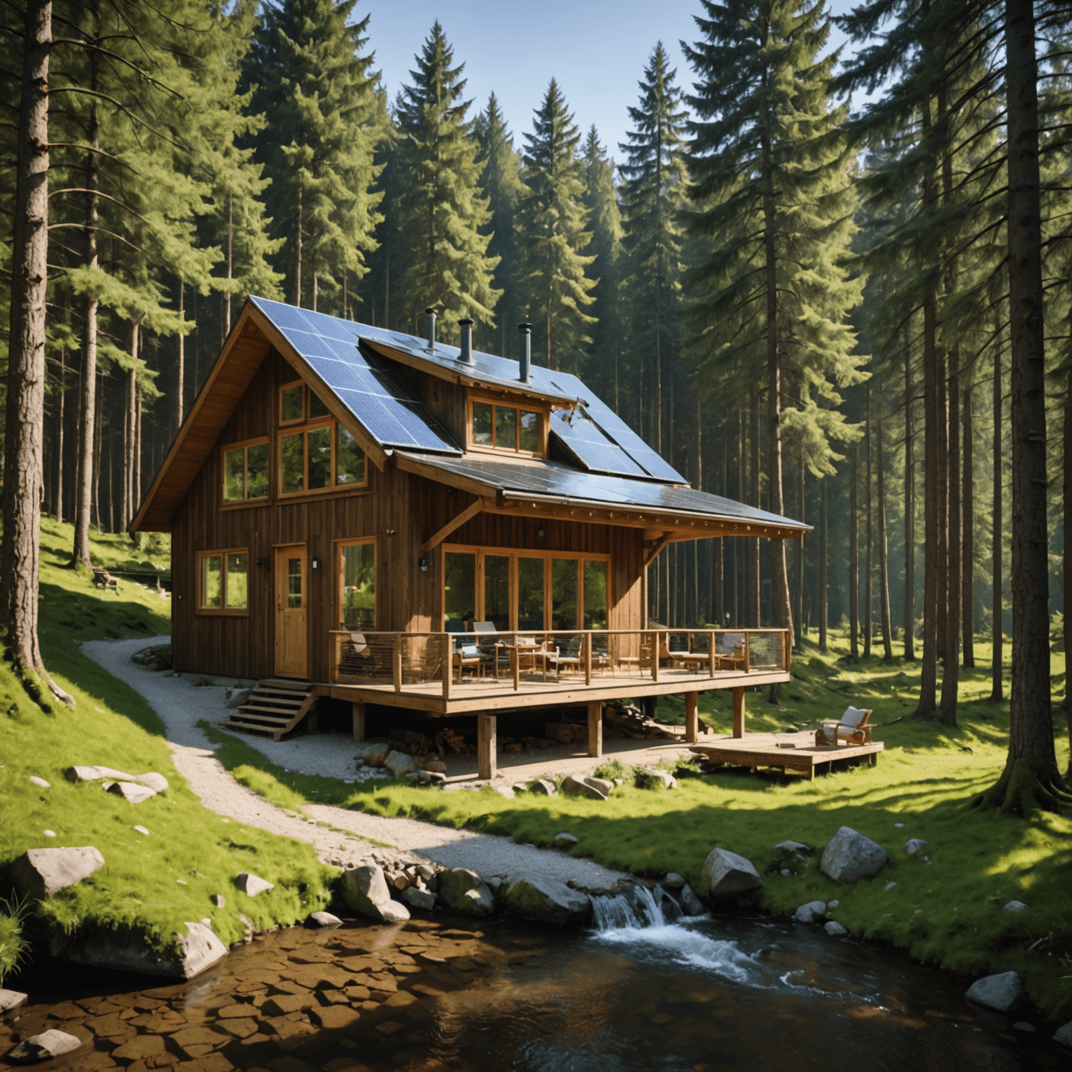 A serene eco-lodge nestled in the Black Forest, surrounded by towering pine trees and a crystal-clear stream. Solar panels glint on the roof, while guests relax on a wooden deck.