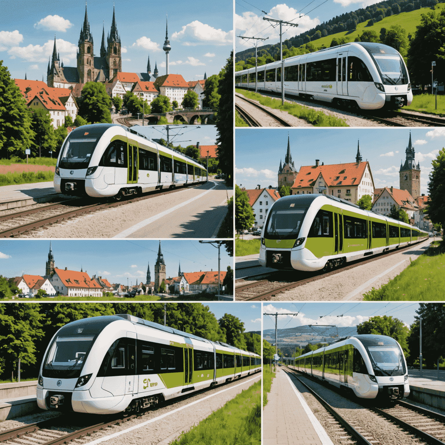 A collage of eco-friendly transportation methods in Germany, including electric trains, bike-sharing stations, and electric car charging points set against a backdrop of German cityscapes and countryside