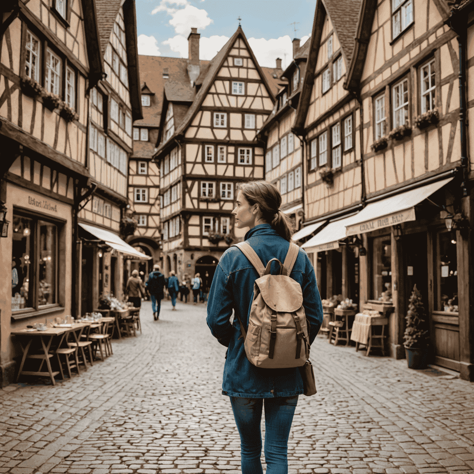 A traveler using a reusable water bottle and cloth bag while exploring a picturesque German city street lined with half-timbered houses and eco-friendly shops