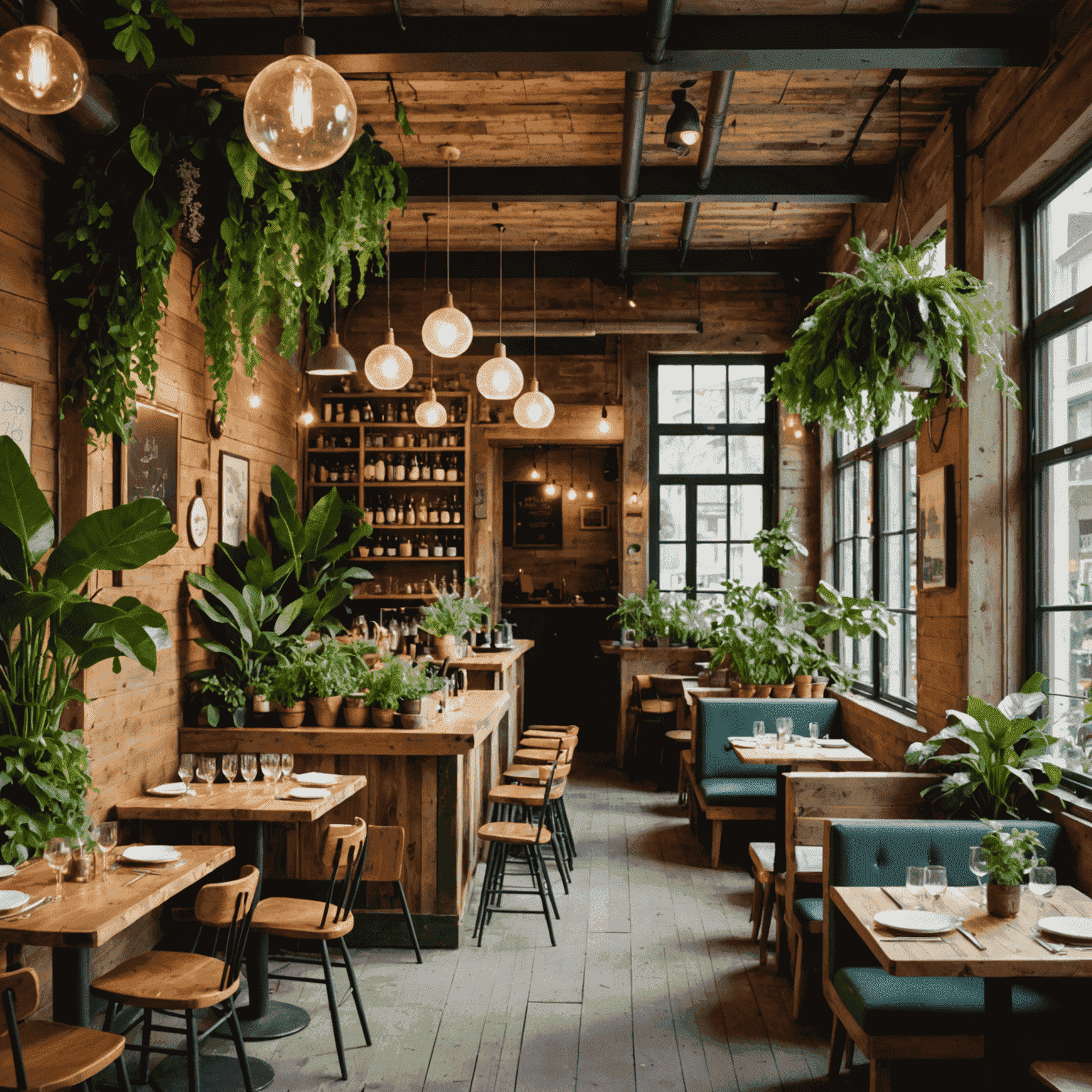 A vibrant farm-to-table restaurant in Berlin, with diners enjoying colorful, locally-sourced dishes amidst lush indoor plants and reclaimed wood decor