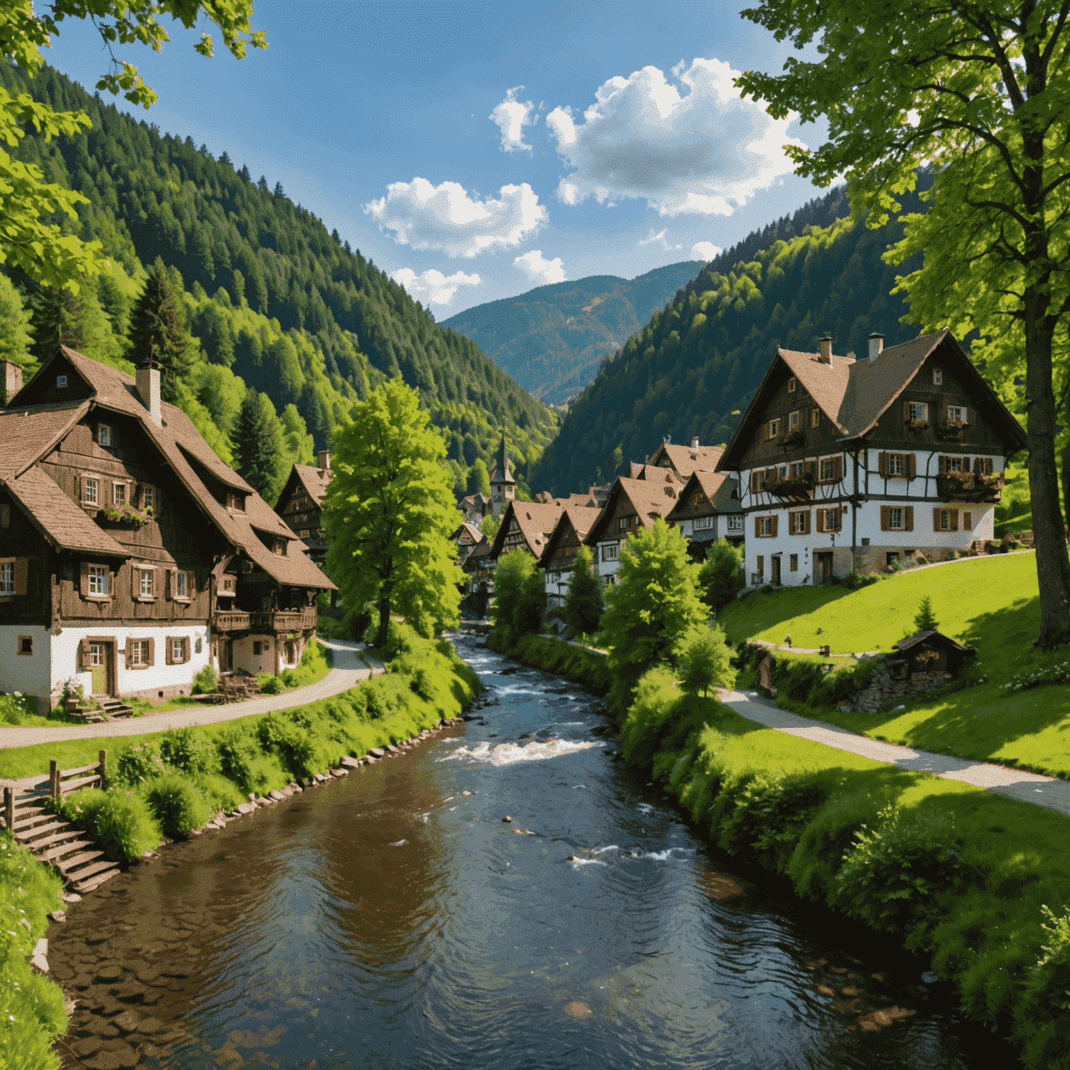 Panoramic view of the Black Forest with lush green trees, a winding river, and a traditional German timber-framed house in the foreground