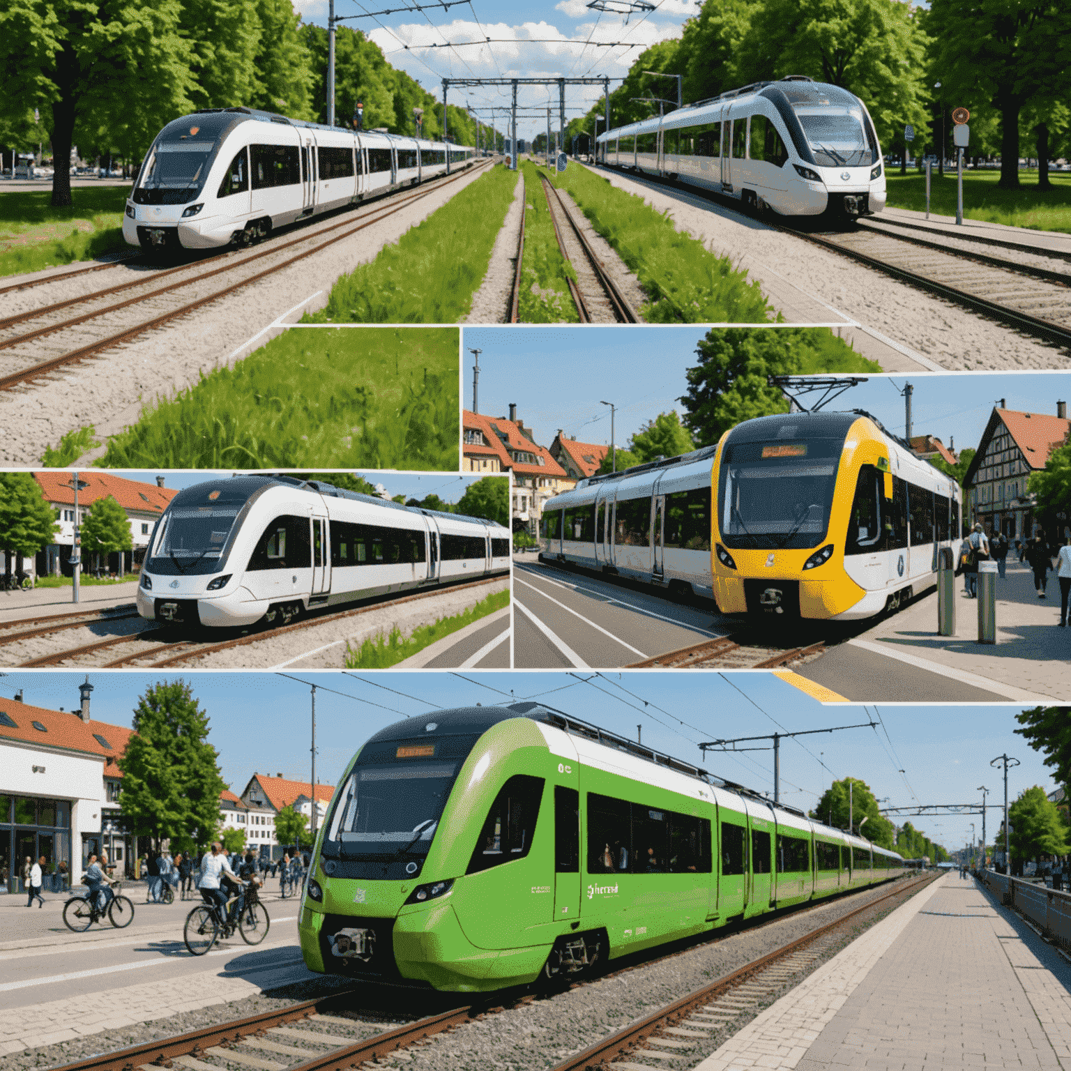 Collage of eco-friendly transportation options in Germany, featuring electric trains, bike-sharing stations, and charging points for electric cars