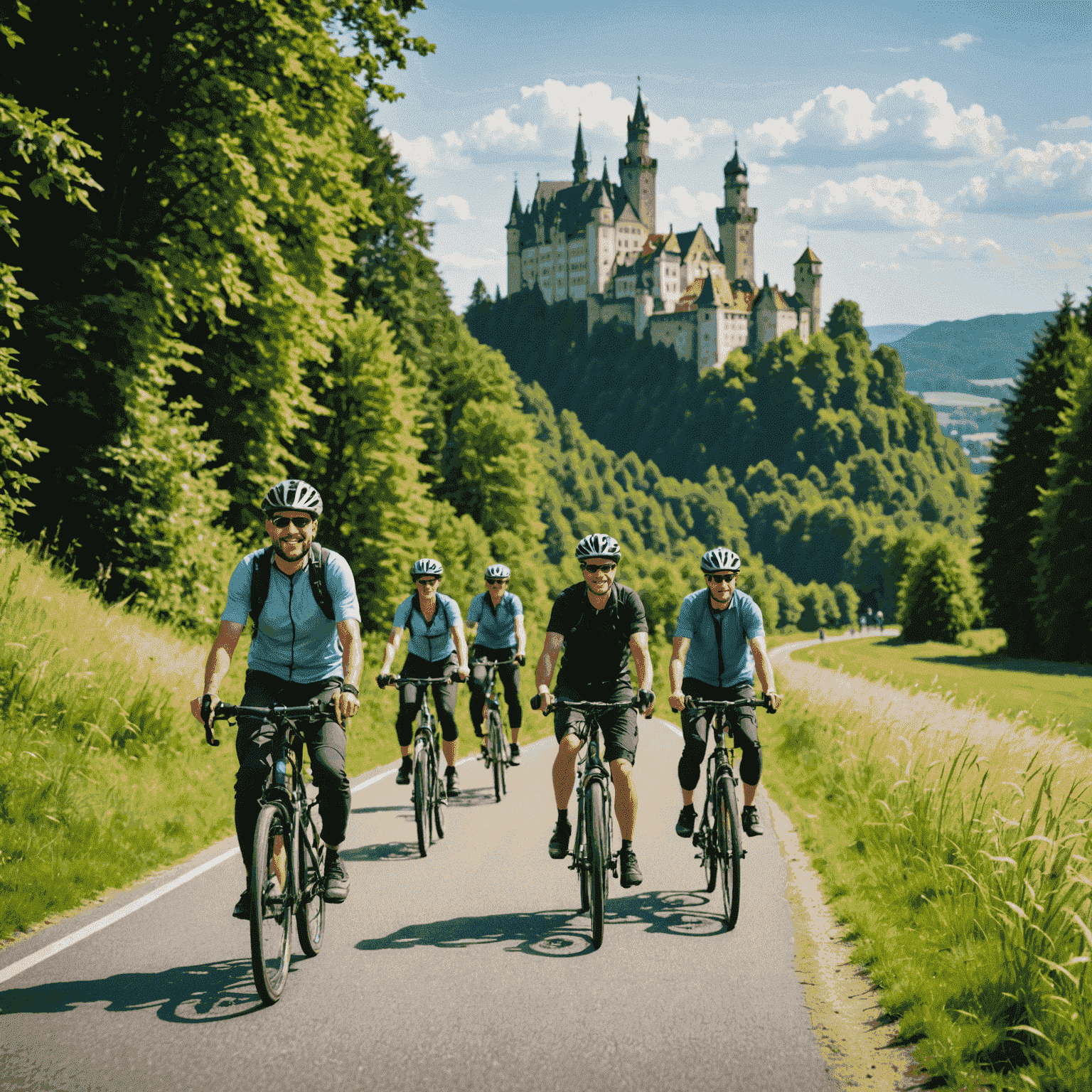 A group of diverse travelers riding bicycles along a scenic bike path in Germany, with lush forests and a distant castle visible in the background