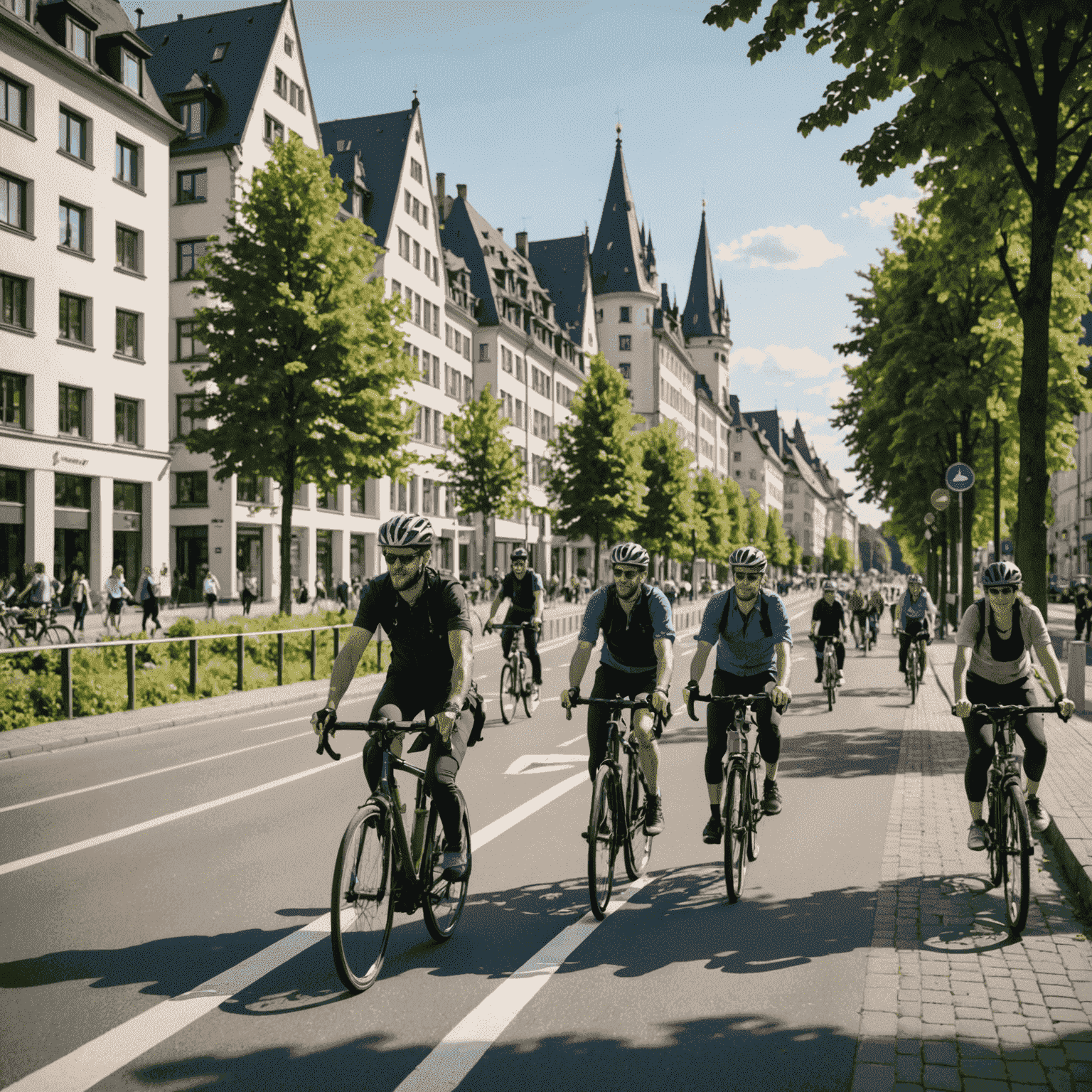 A group of tourists riding bicycles along a dedicated bike lane in a German city, passing by modern architecture and green spaces