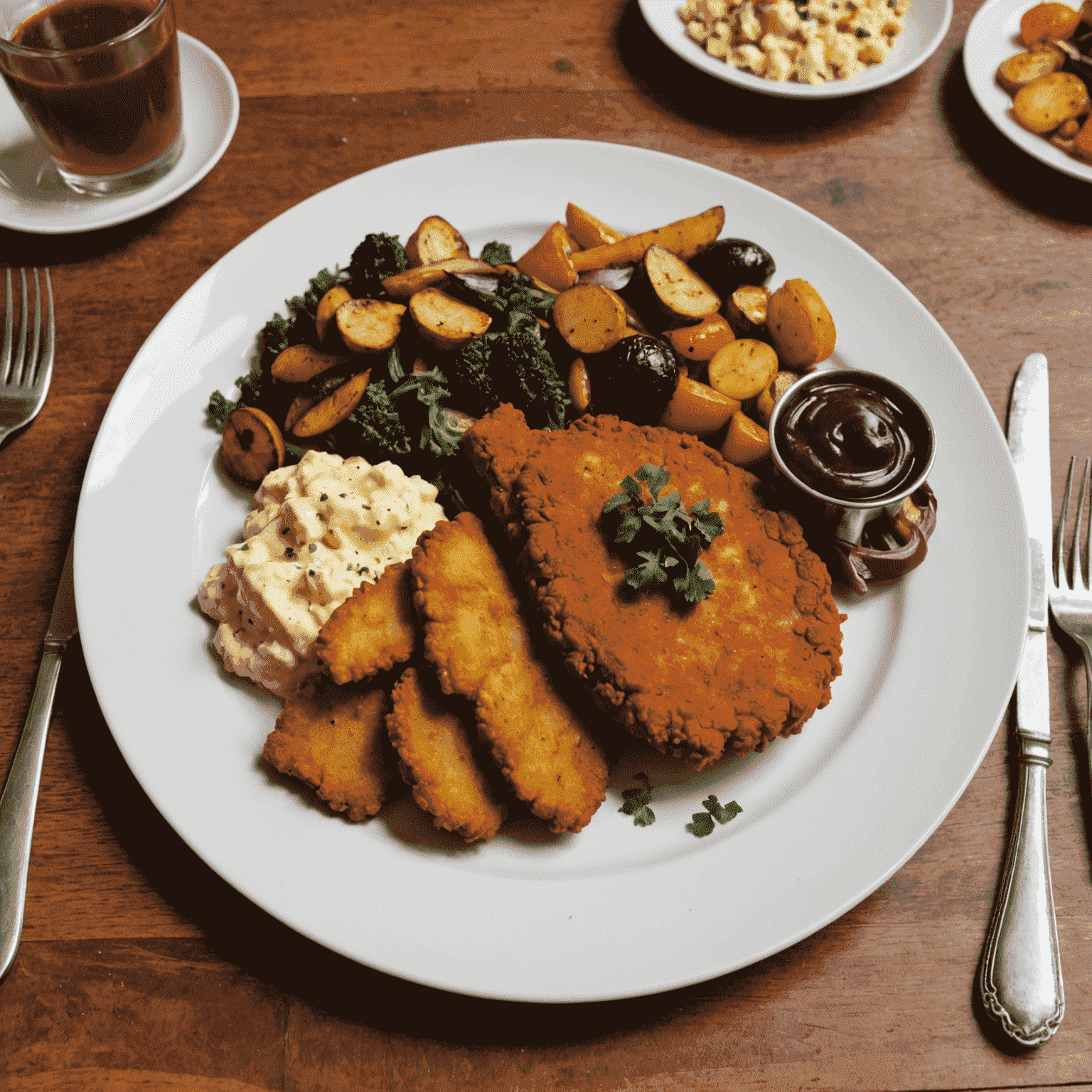 A beautifully plated vegan schnitzel made from seitan, served with potato salad and a colorful array of roasted vegetables at Pflanzenkraft restaurant in Frankfurt