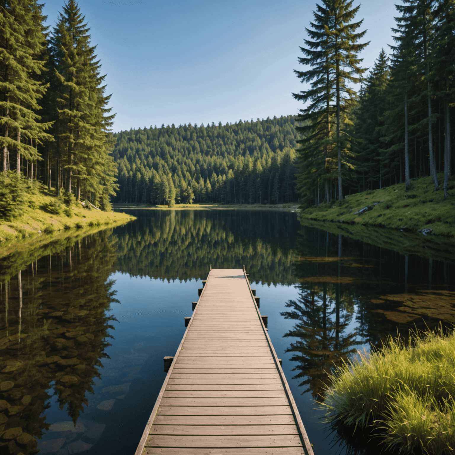 A serene lake in the Bavarian Forest National Park surrounded by dense evergreen trees with a wooden boardwalk leading to a viewing platform