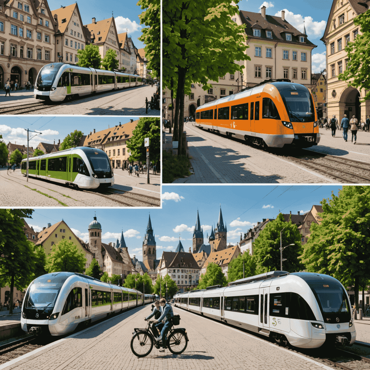 Collage of eco-friendly transportation options in Germany, featuring electric trains, bike-sharing stations, and charging points for electric cars in picturesque German cities.