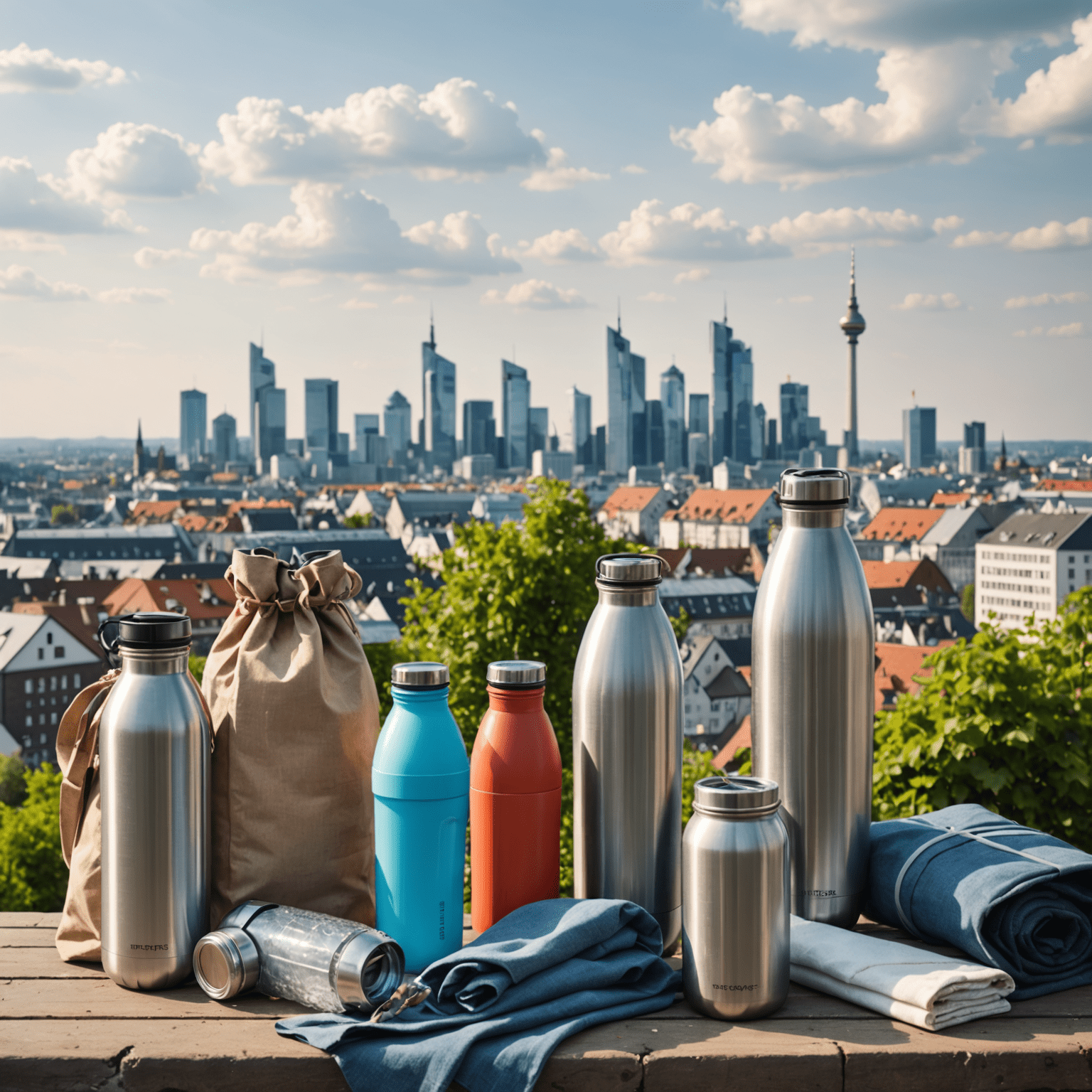 Montage of zero-waste travel items including reusable water bottles, cloth shopping bags, and metal straws, with a backdrop of a German cityscape