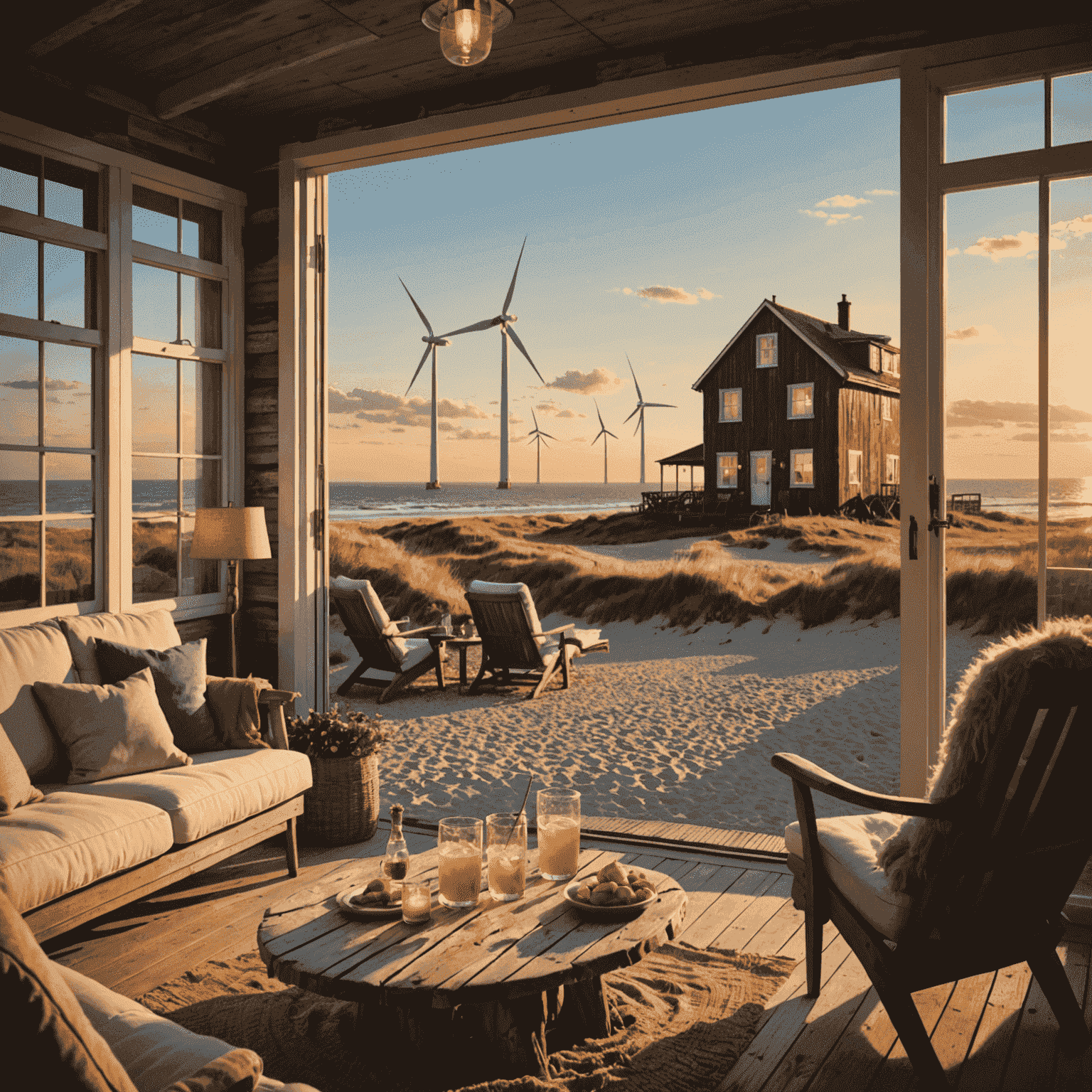 A cozy beach house on the North Sea coast at sunset. Wind turbines spin gently in the background, while a couple enjoys drinks on a porch made from reclaimed driftwood.