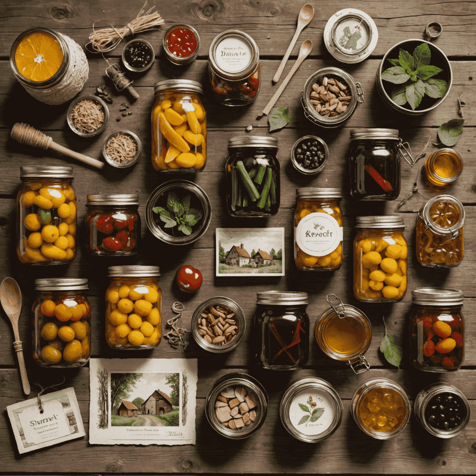 A collection of eco-friendly German souvenirs including handmade crafts, glass jars of preserves, and vintage postcards arranged on a rustic wooden table