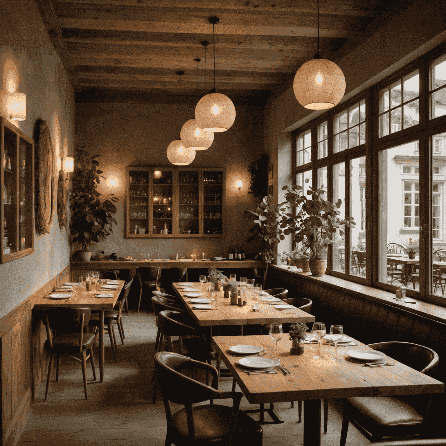 A serene dining area at Bewusst Genießen restaurant in Dresden, featuring natural materials, soft lighting, and diners engaged in thoughtful conversation over locally-sourced meals