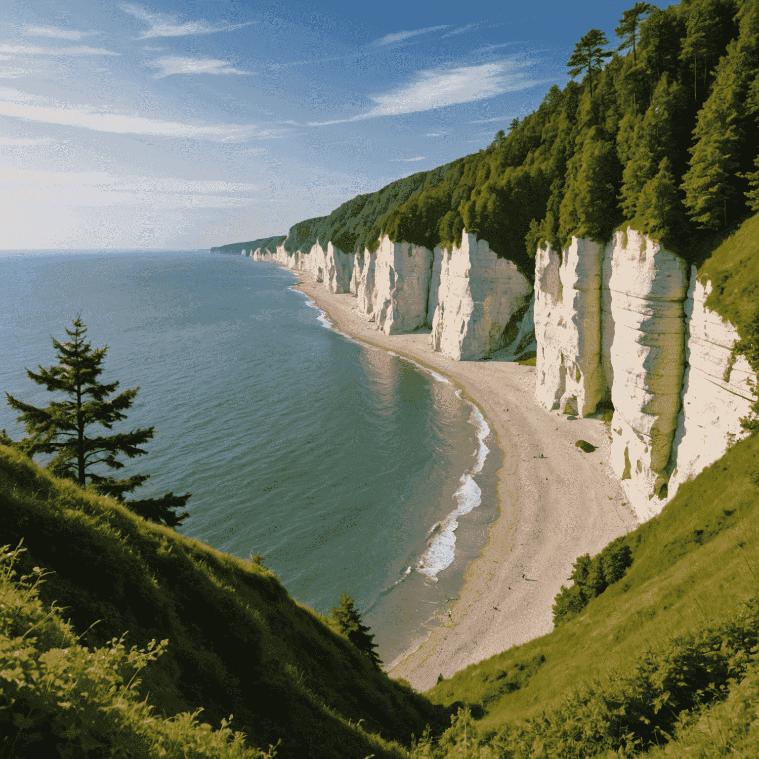 The dramatic chalk cliffs of Jasmund National Park on Rügen Island, with the Baltic Sea stretching to the horizon and ancient beech forests in the foreground