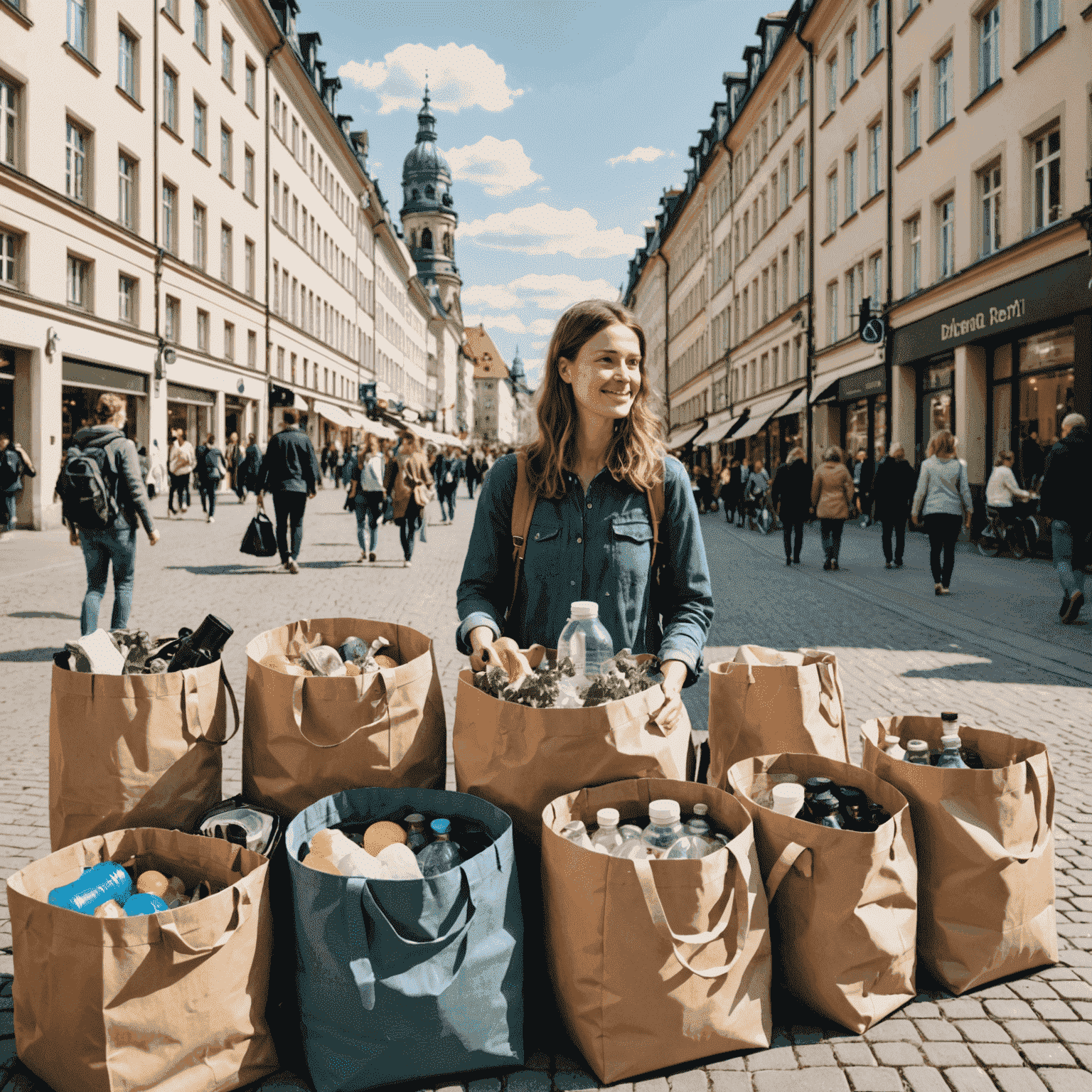 Montage of zero-waste travel items and scenes in German cities, including reusable water bottles, cloth shopping bags, and people shopping at package-free stores in Berlin and Munich.