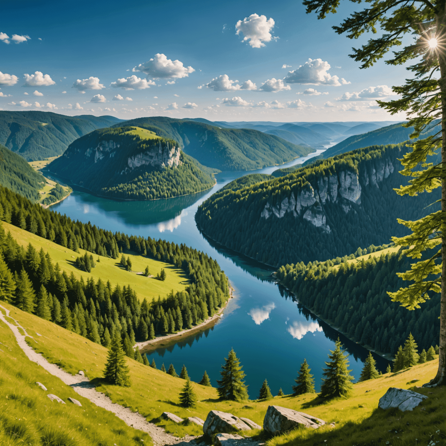 Panoramic view of a pristine German national park with lush forests, clear lakes, and hiking trails